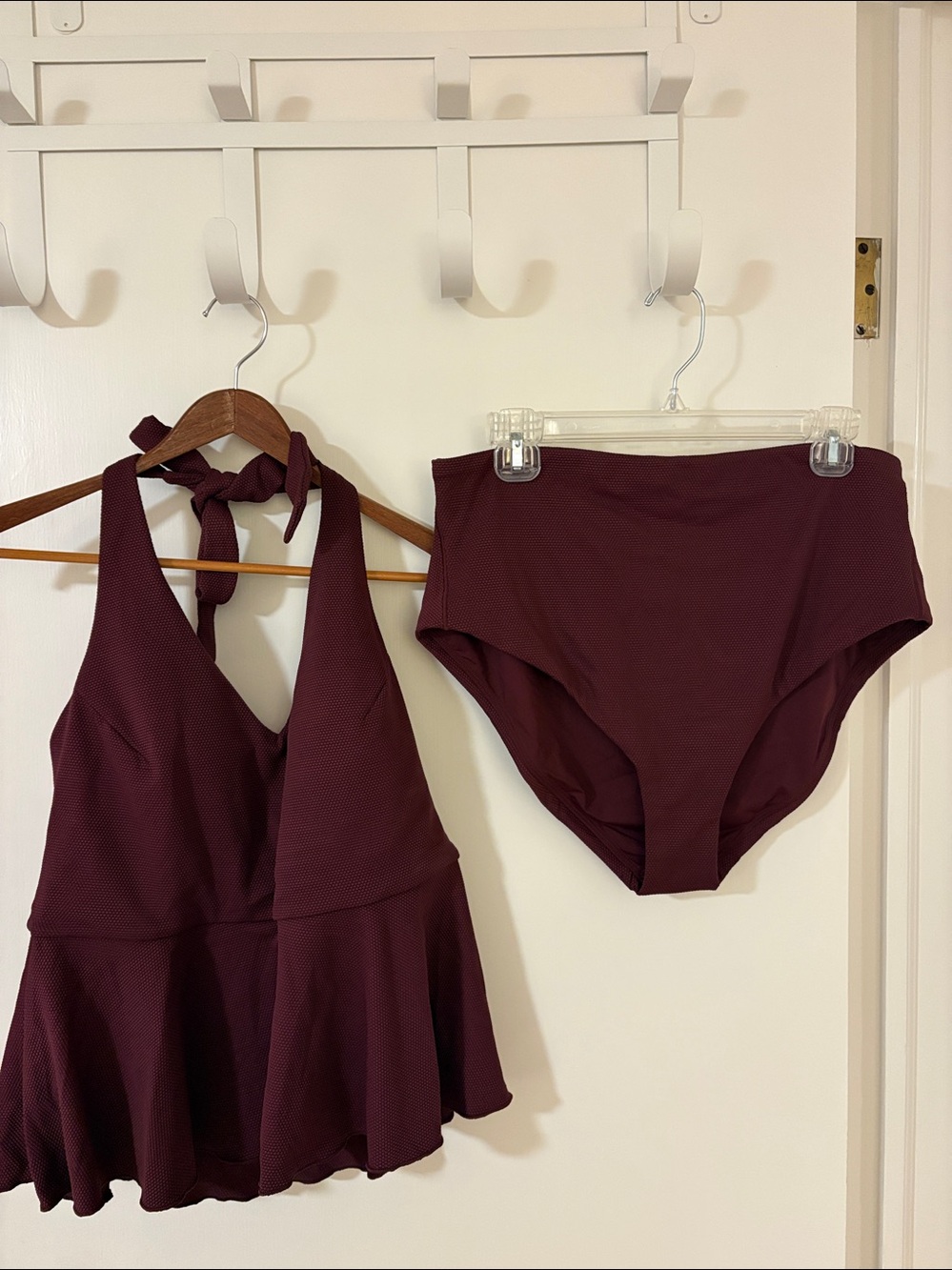 SPANX Burgundy Halter Peplum Swim Top with High Waist Bottoms